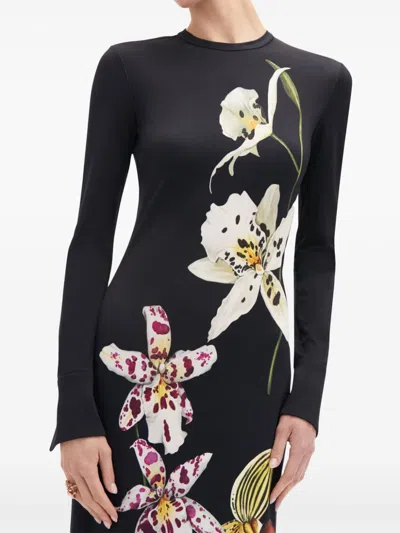 Oscar De La Renta Orchid Long Sleeve Jersey Dress In Blue