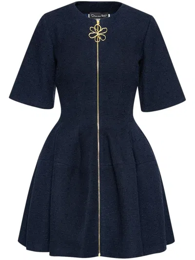 Oscar De La Renta Short Sleeve  Zip Front Cotton Wool Tweed Dress In Blue