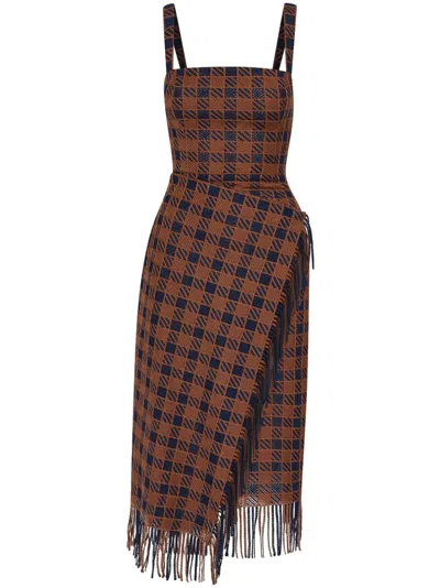 Shop Oscar De La Renta Check Fringe Guipure Skirt In Brown