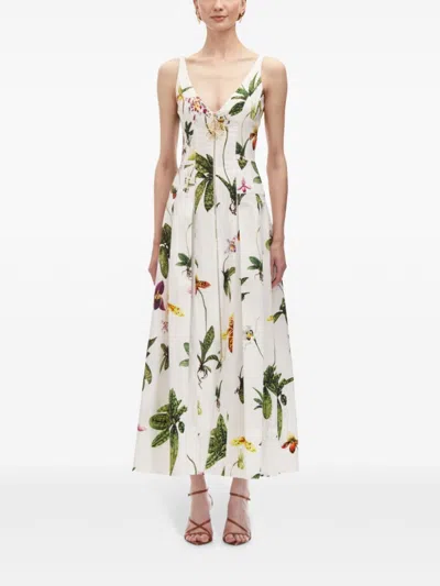 Oscar De La Renta Orchids Cotton Poplin Belted Midi Tank Dress In White
