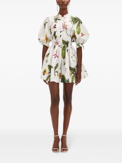Oscar De La Renta Puff Sleeve  Open Back Button Front Orchid Poplin Dress In White