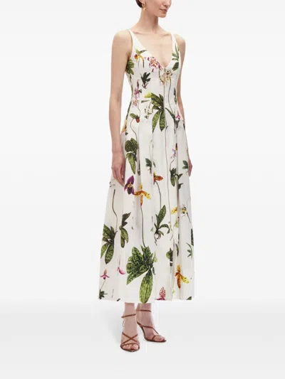 Oscar De La Renta Orchids Cotton Poplin Belted Midi Tank Dress In White