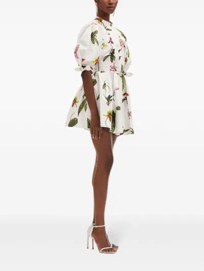 Oscar De La Renta Puff Sleeve  Open Back Button Front Orchid Poplin Dress In White