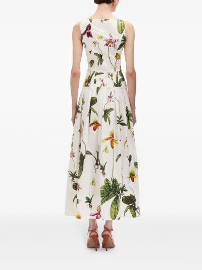 Oscar De La Renta Orchids Cotton Poplin Belted Midi Tank Dress In White
