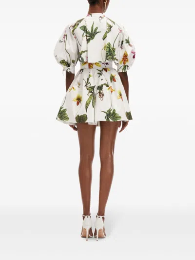 Oscar De La Renta Puff Sleeve  Open Back Button Front Orchid Poplin Dress In White