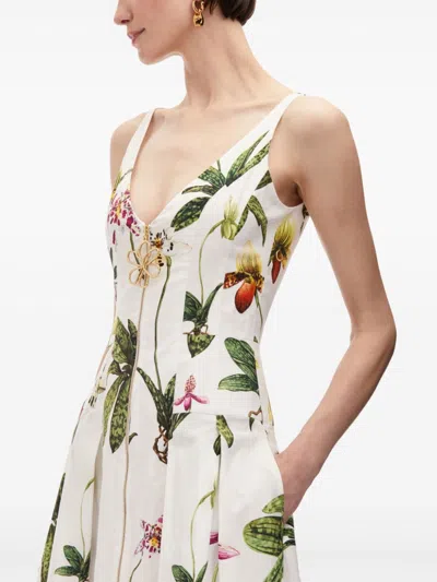 Oscar De La Renta Orchids Cotton Poplin Belted Midi Tank Dress In White