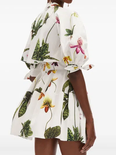 Oscar De La Renta Puff Sleeve  Open Back Button Front Orchid Poplin Dress In White