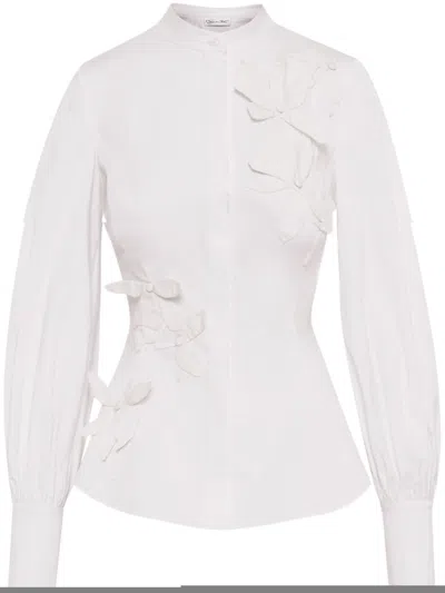 Oscar De La Renta Long Sleeve  Fabric Orchid Cotton Stretch Blouse In White
