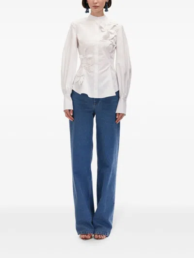 Oscar De La Renta Long Sleeve  Fabric Orchid Cotton Stretch Blouse In White