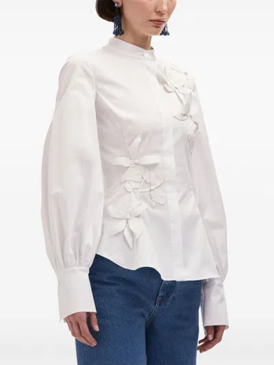 Oscar De La Renta Long Sleeve  Fabric Orchid Cotton Stretch Blouse In White
