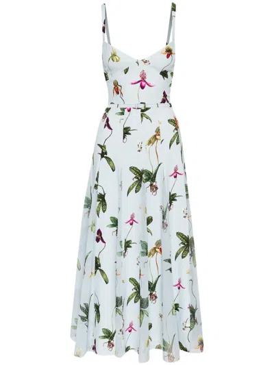 Oscar De La Renta Orchids Cotton Poplin Belted Midi Tank Dress In Blue