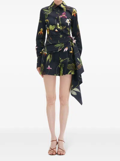 Oscar De La Renta Cap Sleeve  Orchid Button Detail Draped Blouse In Blue