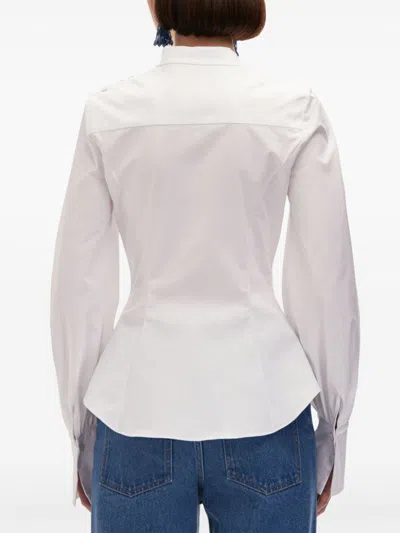 Oscar De La Renta Long Sleeve  Fabric Orchid Cotton Stretch Blouse In White