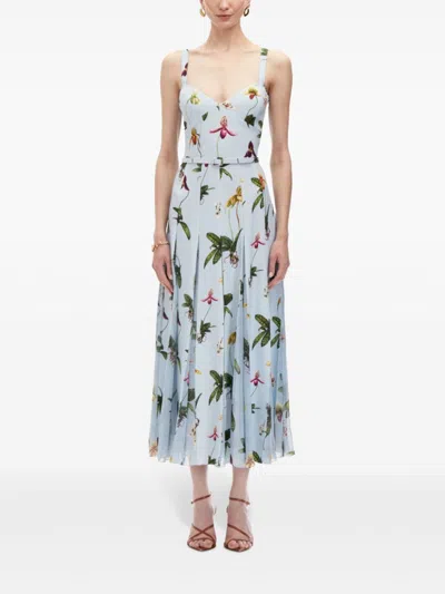 Oscar De La Renta Orchids Cotton Poplin Belted Midi Tank Dress In Blue