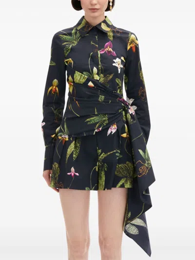 Oscar De La Renta Cap Sleeve  Orchid Button Detail Draped Blouse In Blue