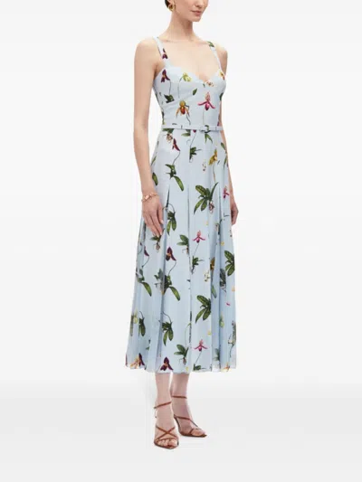 Oscar De La Renta Orchids Cotton Poplin Belted Midi Tank Dress In Blue