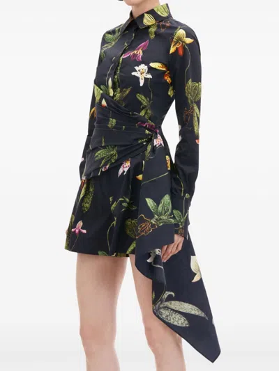 Oscar De La Renta Cap Sleeve  Orchid Button Detail Draped Blouse In Blue