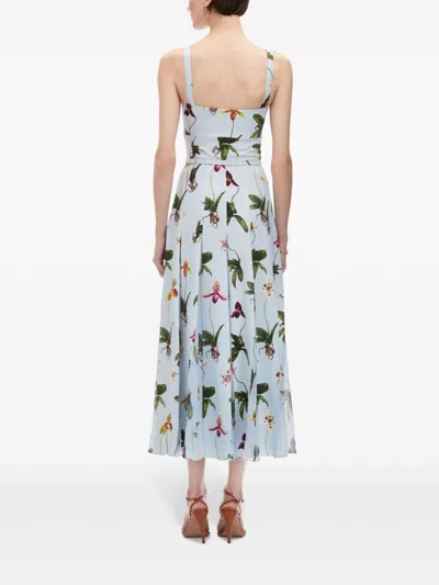 Oscar De La Renta Orchids Cotton Poplin Belted Midi Tank Dress In Blue