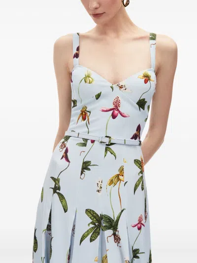 Oscar De La Renta Orchids Cotton Poplin Belted Midi Tank Dress In Blue