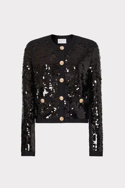 Milly Iman Sequin Knit Cardigan In Black