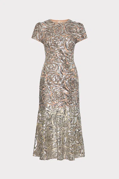 Milly Tahlia Rose Sequins Midi Dress In Silver