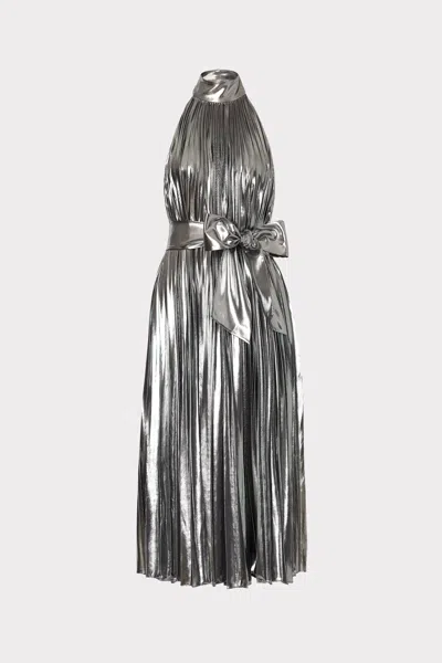 Milly Idena Pleated Lame Halter Dress In Silver