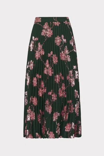 Shop Milly Rayla Pleated Floral Sequins Skirt In Dark Green/pink