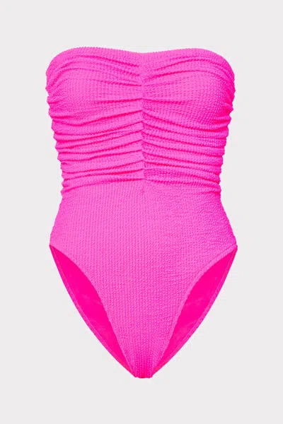 Milly Cabana Textured Ruched One Piece In Neon Pink