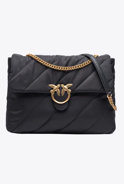 Pinko Large Quilted Recycled Fabric Love Bag In Black-antique Gold