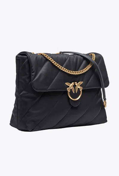 Pinko Large Quilted Recycled Fabric Love Bag In Black-antique Gold