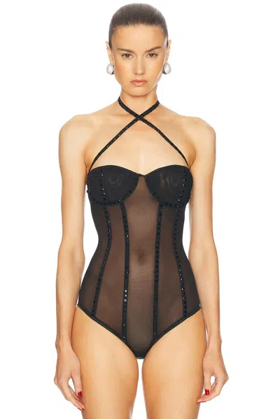 Oseree Crystal Necklace Bodysuit In Black
