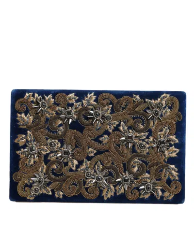 Dolce & Gabbana Blue Velvet Gold Frame Clutch Evening Party Purse Bag In Blue