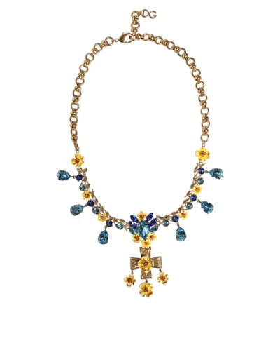 Dolce & Gabbana Gold Brass Chain Floral Crystal Cross Pendant Necklace In Gold