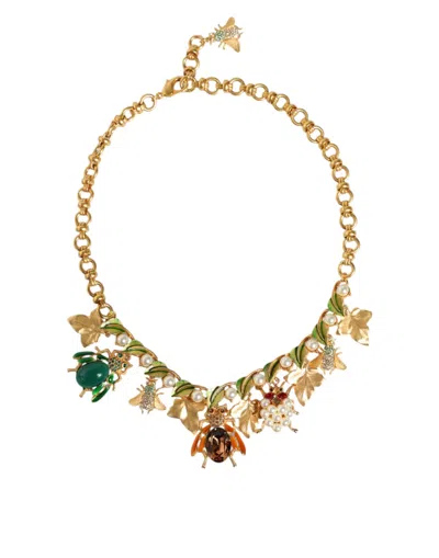 Dolce & Gabbana Gold Brass Crystal Bug Charm Pendant Statement Necklace In Gold
