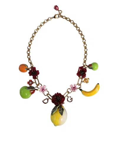 Dolce & Gabbana Gold Brass Fruit Pendants Flowers Crystal Logo Necklace In Gold