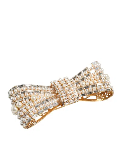 Dolce & Gabbana Gold Tone Brass Bow Crystal Fauxpearl Embellished Brooch In Gold