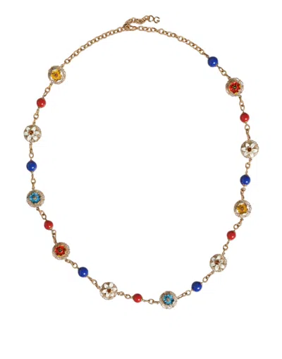 Dolce & Gabbana Gold Tone Brass Chain Floral Crystal Beaded Necklace In Gold