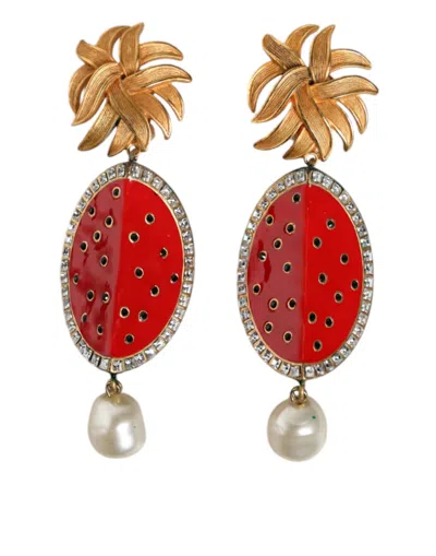 Dolce & Gabbana Red Watermelon Gold Brass Crystal Clip Dangling Earrings In Red
