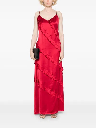 Twinset Ruffled Satin Maxi Dress In Red