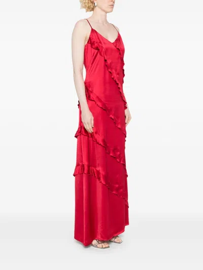 Twinset Ruffled Satin Maxi Dress In Red