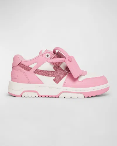 Shop Off-white Girl's Out Of Office Leather Low Top Sneakers, Kids In White/pink