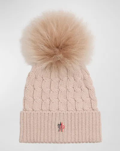 Moncler Wool Cashmere Beanie With A Shearling Pom In Light Grey
