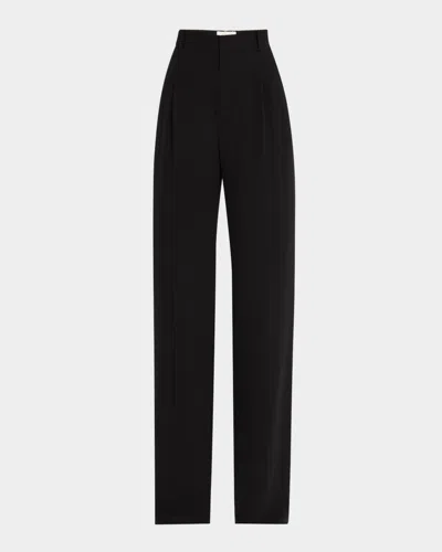 Saint Laurent Pleated Straight-leg Silk Suiting Trousers In Noir