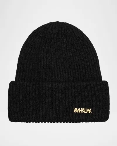 Shop Van Palma Gaston Wool Beanie W/ 14k-gold Plated Brass Logo In Black