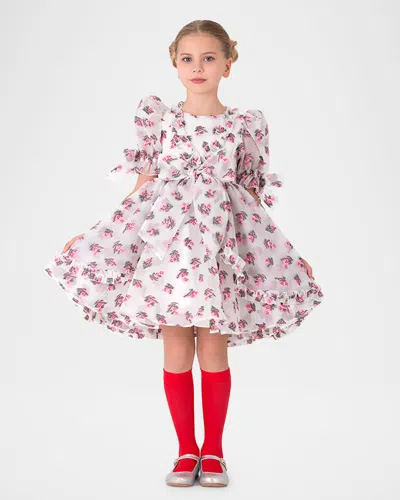 Mama Luma Girl's Puff Sleeve Floral-print Dress In Ecru