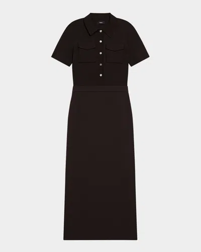 Theory Button Front Mixed Media Crepe Dress In Black