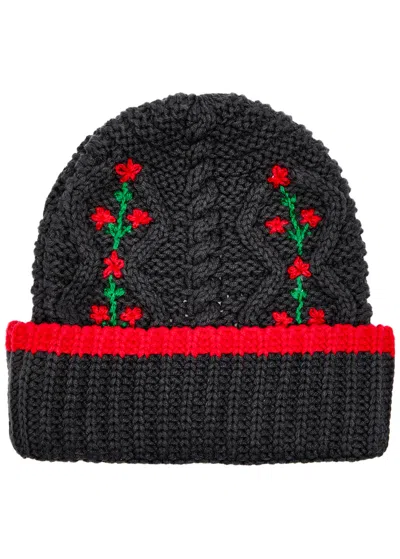 Damson Madder Embroidered Cotton-blend Beanie In Charcoal