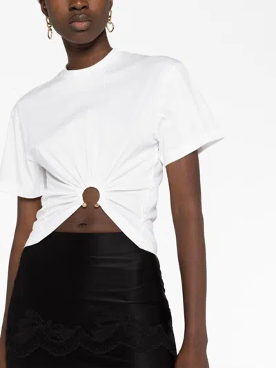 Rabanne White Crewneck Top With Short Sleeves And Ruched Cut-out On The Front In Cotton Woman In White