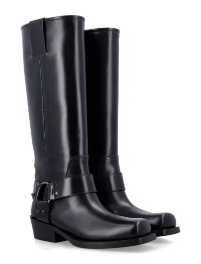 Valentino Rockstud Biker Knee-high Leather Boots In Black