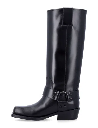 Valentino Rockstud Biker Knee-high Leather Boots In Black